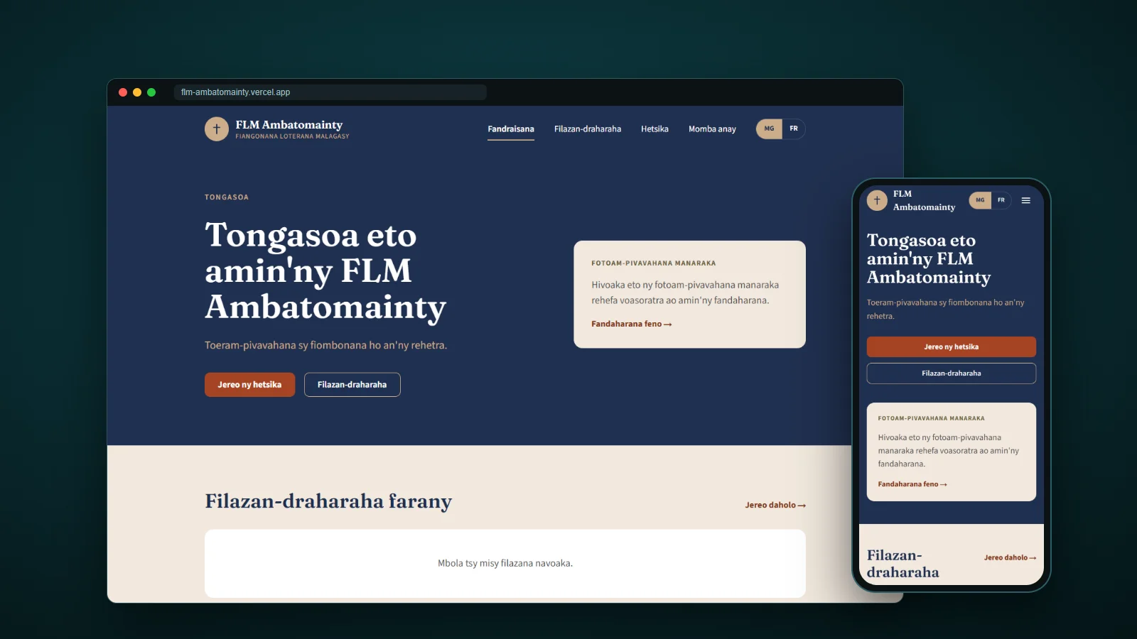 Page d'accueil du site FLM Ambatomainty sur ordinateur et sur mobile